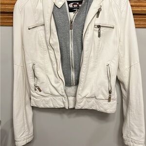 Zara White Leather Jacket with Zipper Details
